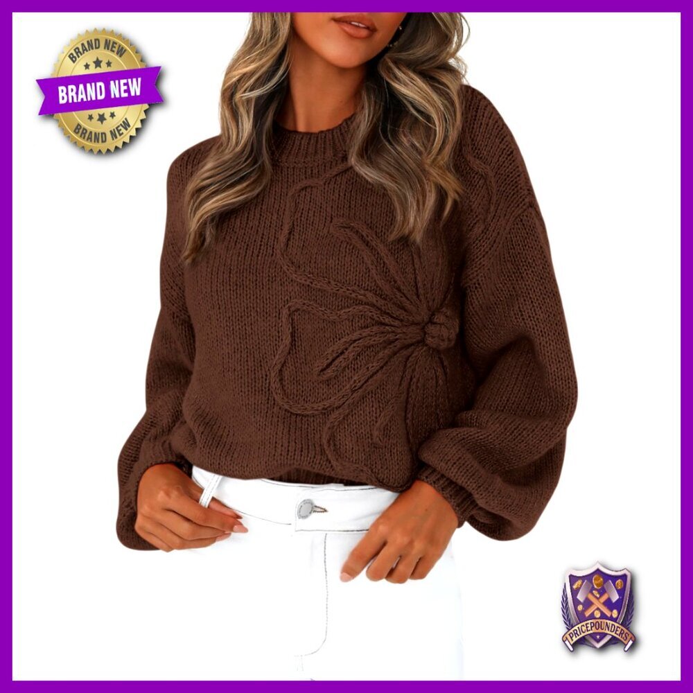 Oversized Chunky Knit Pullover Sweater Long Sleeve Crewneck Floral Pattern